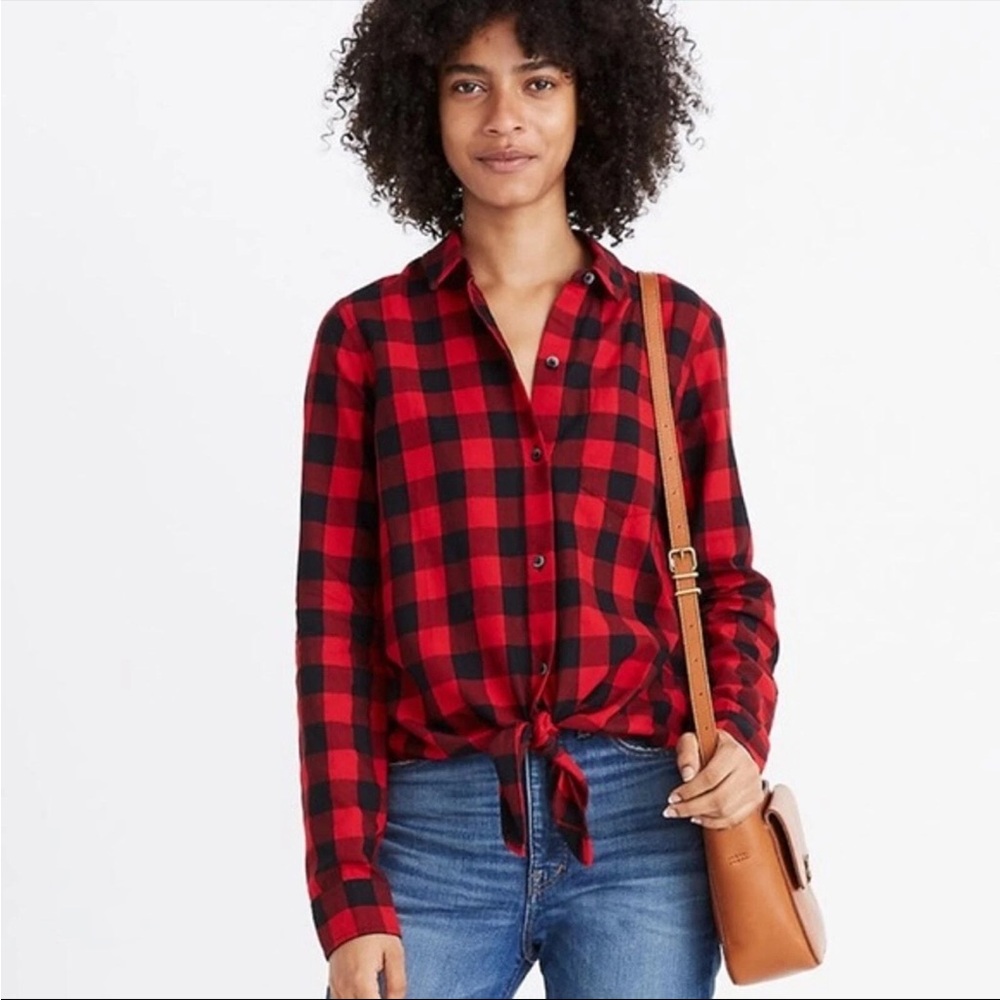 Madewell | Like new buffalo plaid tie front long sleeve cotton button up shirt